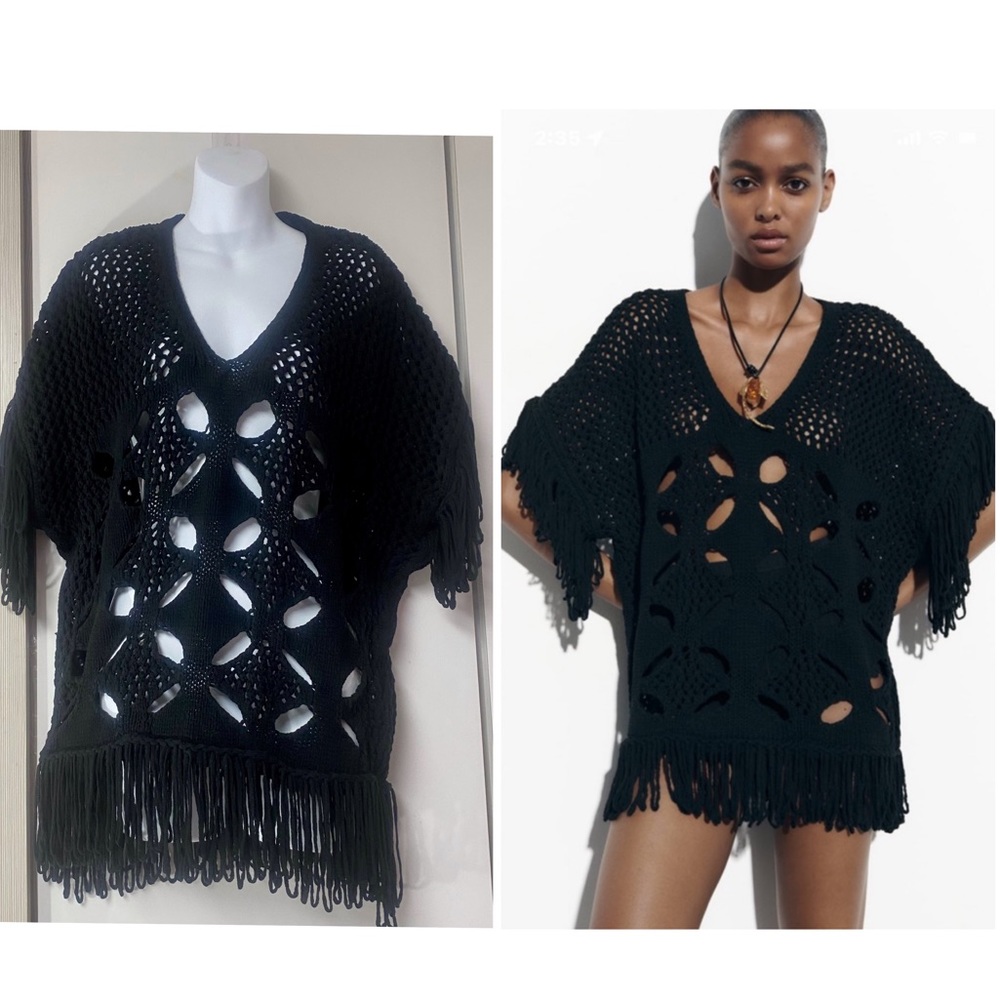 Zara knit flapper cut out openwork fringed dress, chunky sweater